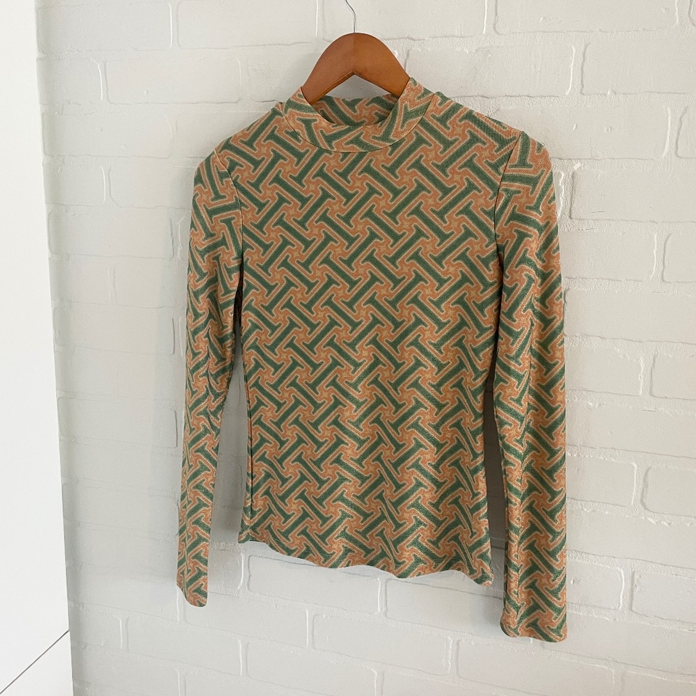 Vintage Sheer top Mod Geometrical print High neck Green Orange Gold Shimmery M